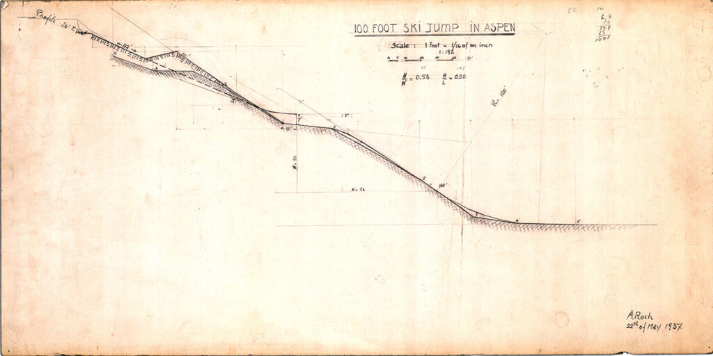 One 14" x 28" beige canvas on cardboard profile drawing, with measurements, of the 100ft Aspen Ski jump on Aspen Mountain. Drawn by Andre Roch, May 22, 1937.