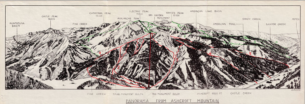 Discussion by Andre Roch on the development of Ashcroft as a ski area and the proposed ski lifts to access the area. Includes map of proposed runs and lift locations, and has an additional three fold map, that is no longer attached, of a panoramic view of the areas peak labeled and the proposed runs and lifts. Survey was conducted in the winter of 1937, report given later that year.