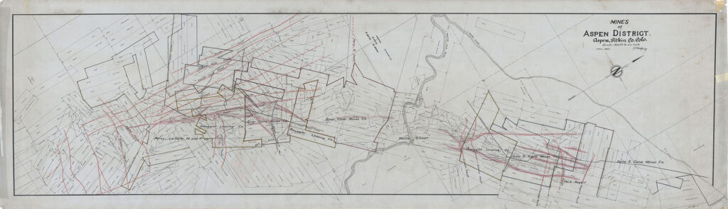 One 21.2" x 72" Mines of Aspen District. Aspen, Pitkin Co. Colo. April 1934 by D.P. Rohlfing. Claims, faults, tunnels and mine activity by the various mining companies including Smuggler Leasing Co., Spar Consolidated Mines Co., Percy LaSalle M. and P. Co., and the Della S Consolidated Mines Co. in Aspen, Pitkin Co. Colo