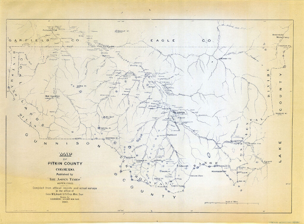 One 18" x 24" map of Pitkin County dated 1884. The map shows Aspen and other towns in Pitkin County. The ink is blue on white paper, that is yellowing around the edges. The transparency is clear with black markings. The borders of Garfield, Gunnison, Eagle and Lake Counties can be seen as well. Drawn by the US Department of Mining Surveying.