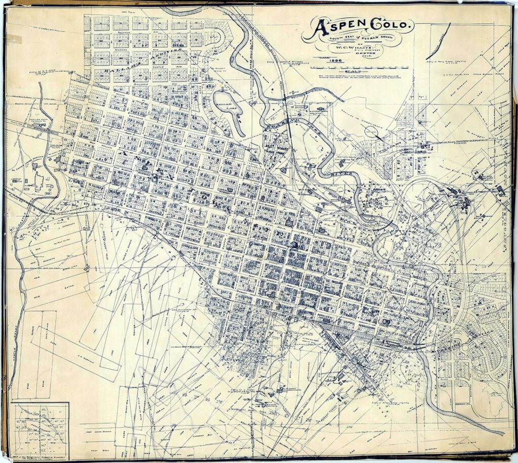One 34" x 30.5" Map by W.C. Willits, a civil engineer from Denver, published in November 1896. Showing the railroads, homes, businesses, mines and claims around the Aspen Townsite and additions. The map was commissioned by the City of Aspen and Willits was paid $30 according to the Rocky Mountain Sun, December 26.