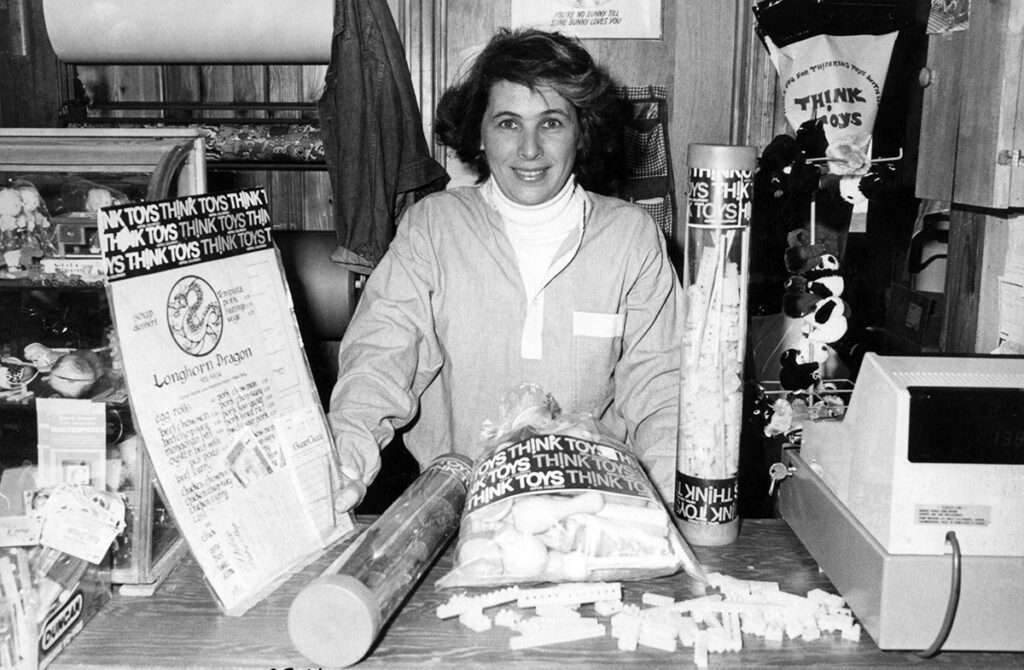 One b/w photograph of Carol Hershey in her shop, Think Toys. This image was in the Aspen Times on March 29, 1979; 20-A.