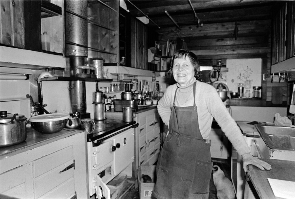 One b/w film negative of Isabel Mace in the kitchen of the Toklat Lodge in the Castle Creek Valley, circa 1985.