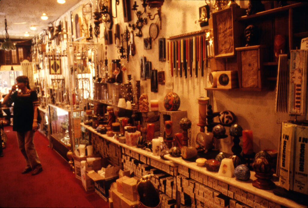 One digital-only, color image (from a slide) of the interior of Wax & Wickes at 430 E. Hyman Ave., circa 1978. The store was owned by Kiefer Mendenhall and Mary Mendenhall.